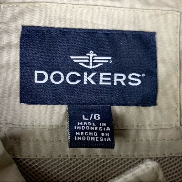 Men’s Dockers Khaki Fishing Chore Windbreaker Mesh Lined Jacket Pockets Hood LRG - Picture 7 of 13